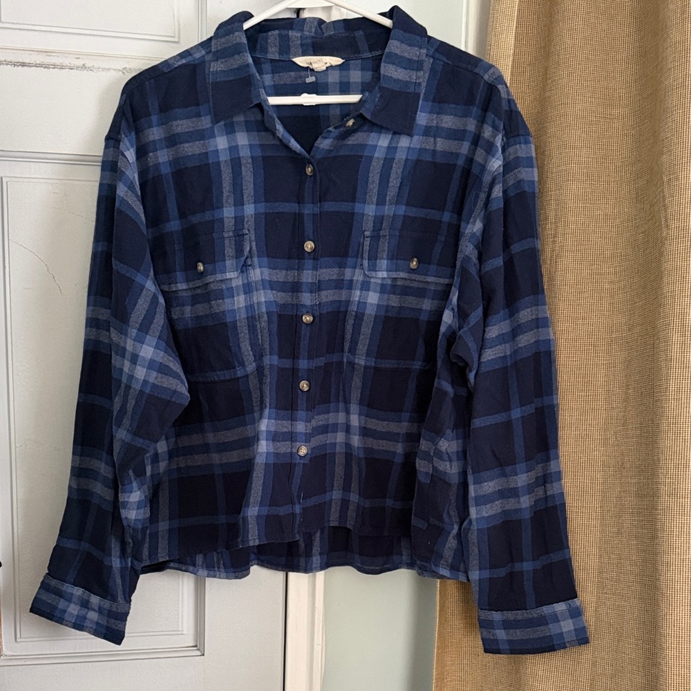 BRAND NEW LUCKY BRAND CROPPED NAVY BLUE PLAID BUTTON DOWN SIZE XL